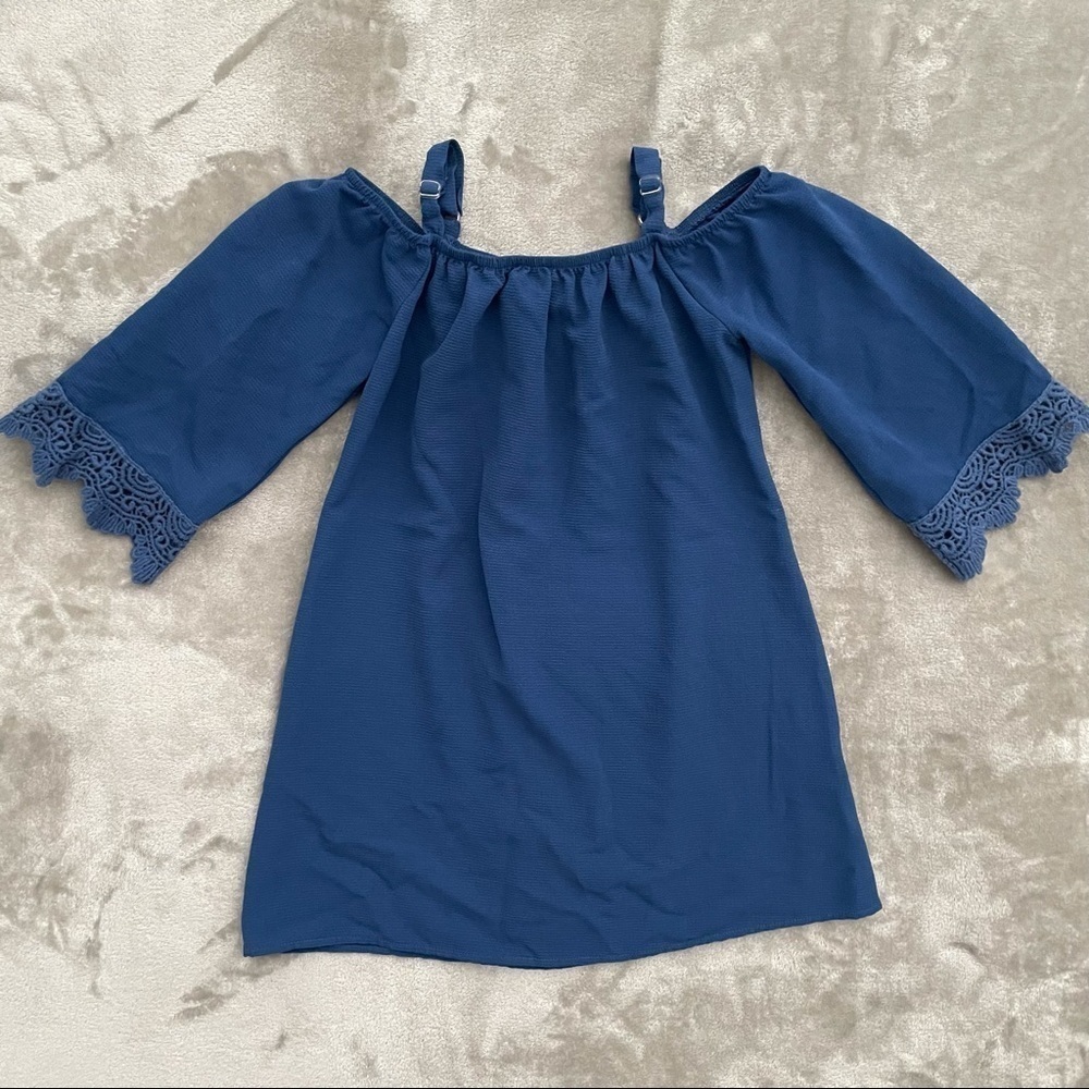 Amy's Closet Blue Cold Shoulder Boho Spanish Style Dress 7 Crochet Trim Tunic